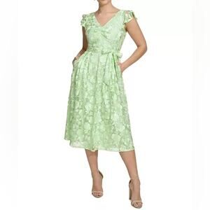 Kensie Women's Embroidered Mesh A-Line Dress Green Sz 6 NWT